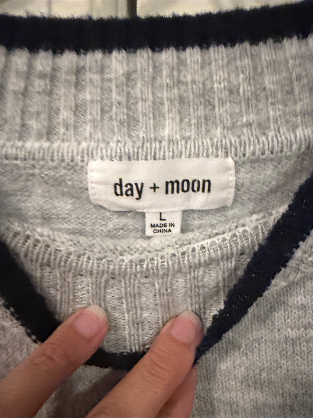 day + moon Women's Light Gray Crewneck Sweater with Navy Trim